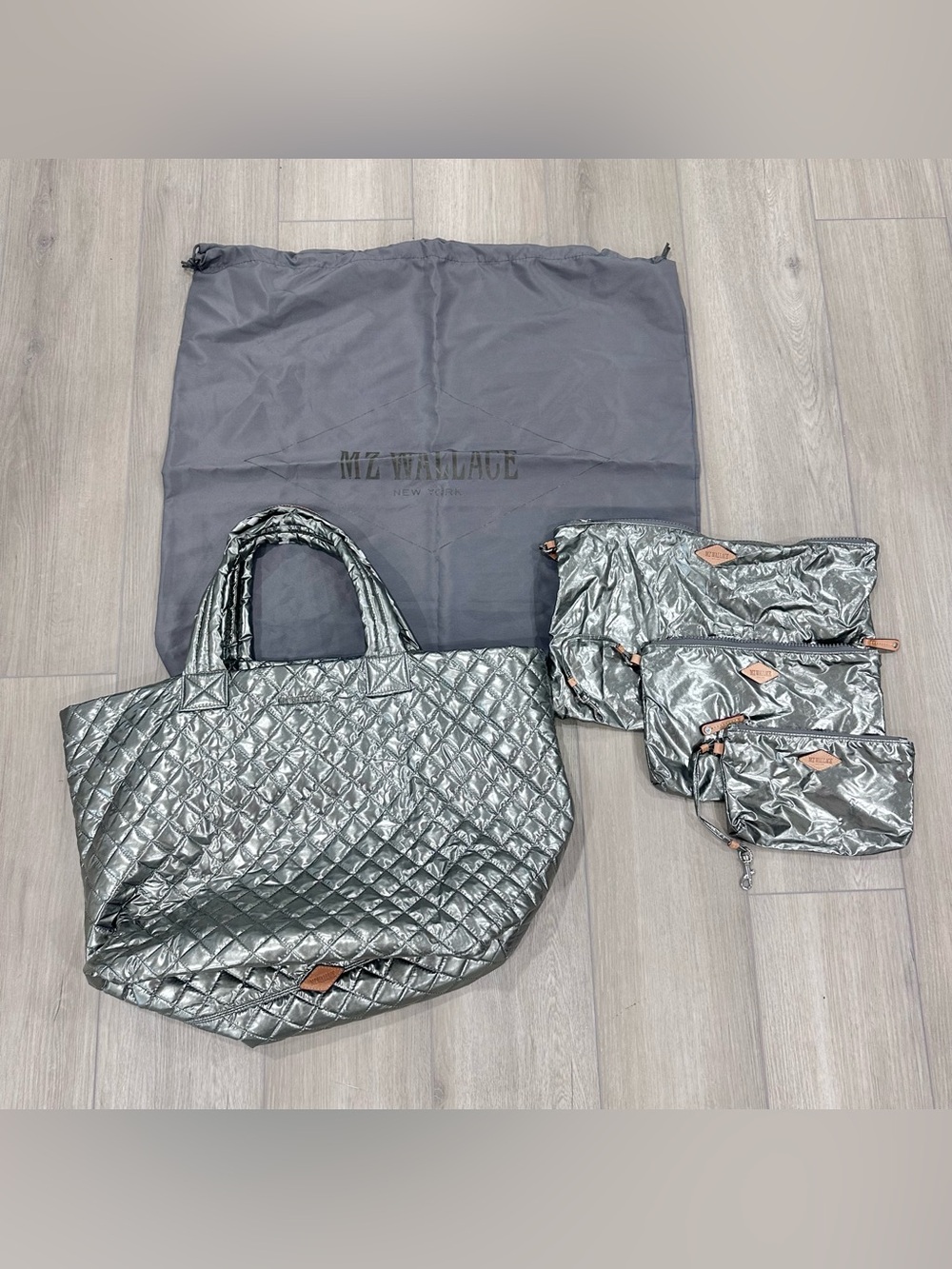 MZ WALLACE large metro TOTE deluxe quilted silver grey metallic